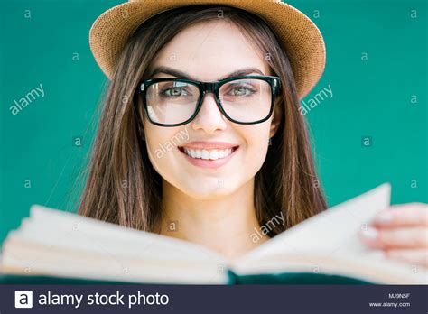 Close Up Portrait Of Beautiful Smiling Brunette Girl Wears Eyeglasses