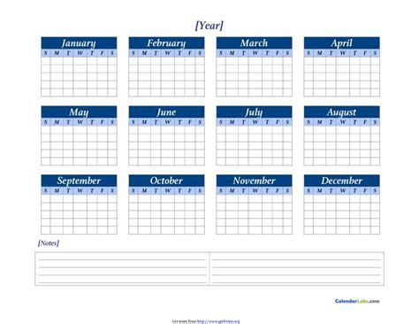 Yearly blank calendars
