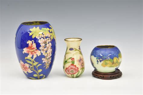 Lot Three Japanese Shotai Jippo Plique A Jour Enamel Vases