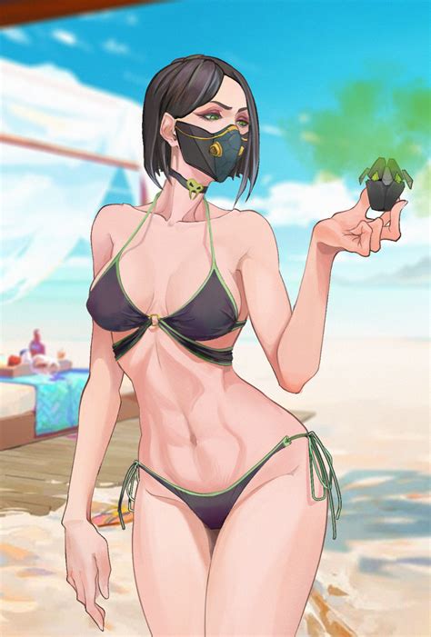 Rule 34 Beach Bikini Black Hair Bob Cut Breasts Eyeshadow Female Green Eyes Helkeii Mask