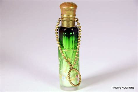 Bohemian Mirrored Green Glass Perfume Bottle With Brass Cap Scent Bottles Costume And Dressing