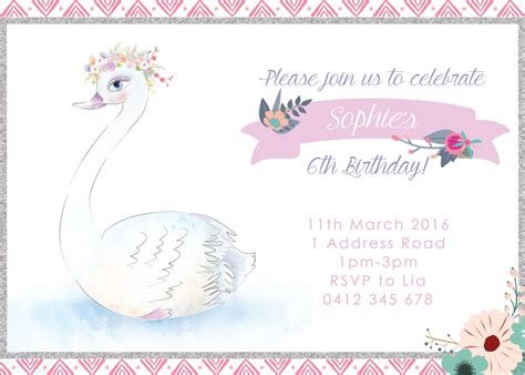 Swan Girl Birthday Invitation Princess Invitation Baby Etsy