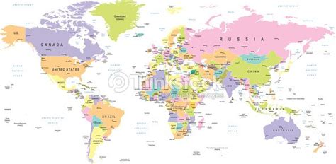 Colored World Map Borders Countries And Cities Illustration Stock