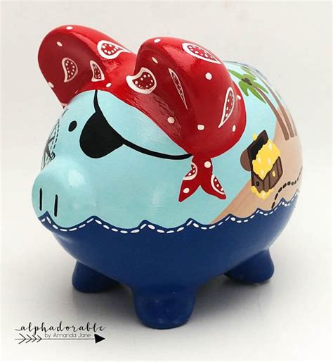 A classic piggy bank with removable bottom for coin retrieval. Pirate Bandana Piggy Bank in Blue Navy Red and Yellow ...