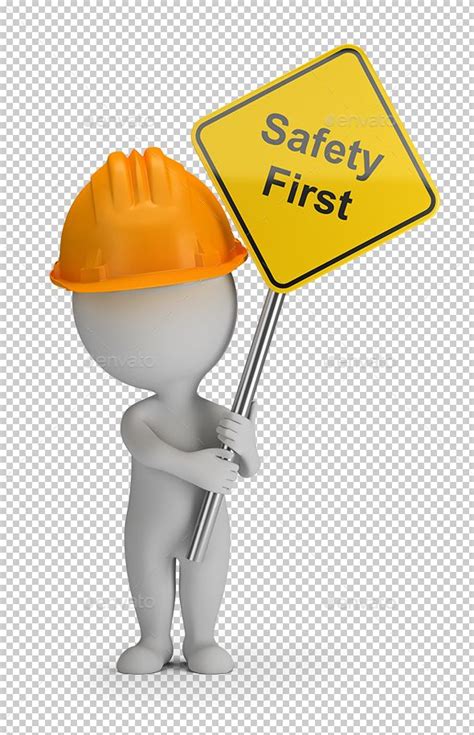 Get ideas and start planning your perfect safety logo today! 3d small person holding a sign with the inscription Safety First. 3d image. Transparent high ...