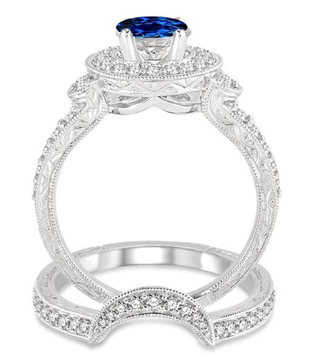 15 Carat Sapphire And Diamond Antique Halo Bridal Set Engagement Ring