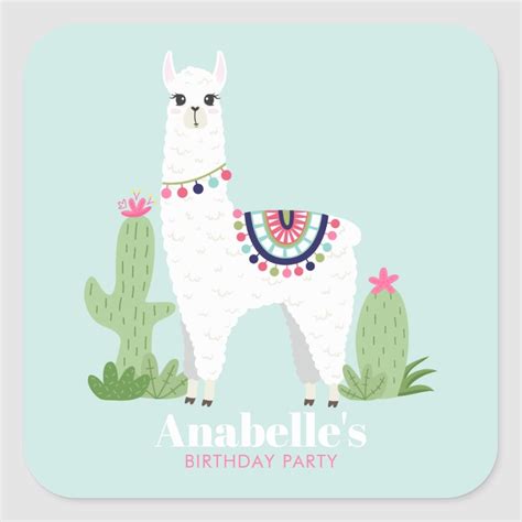 Cute Llama Girls Birthday Party Square Sticker Cute