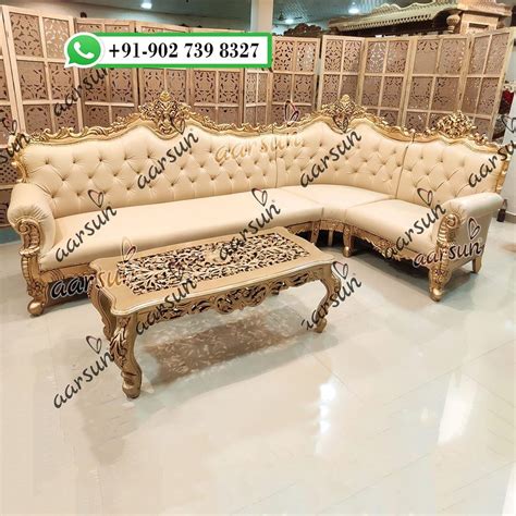 Brown Wood Aarsun Luxurious Design L Shape Sofa Set Without Lounger