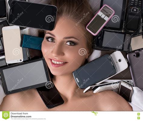 Digital Technology As Fetish Girl With Mobiles Stock Photo Image Of