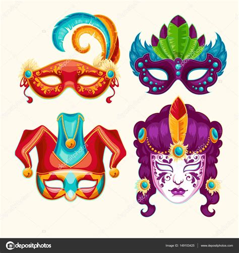 Colección de dibujos animados carnaval máscaras decoradas con plumas y
