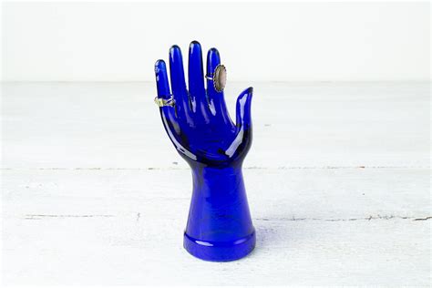 Vintage Blue Glass Hand Jewelry Display Ring Holder Glass Glove Mold Glass Hand Statue