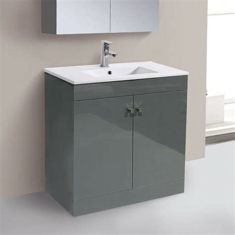 800mm 2 Door Gloss Grey Wash Basin Cabinet Vanity Sink Unit Bathroom