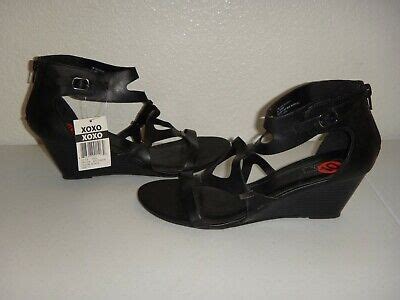 XOXO Women S Zip Back Wedges Sandals Black Faux Leather Silver Hardware
