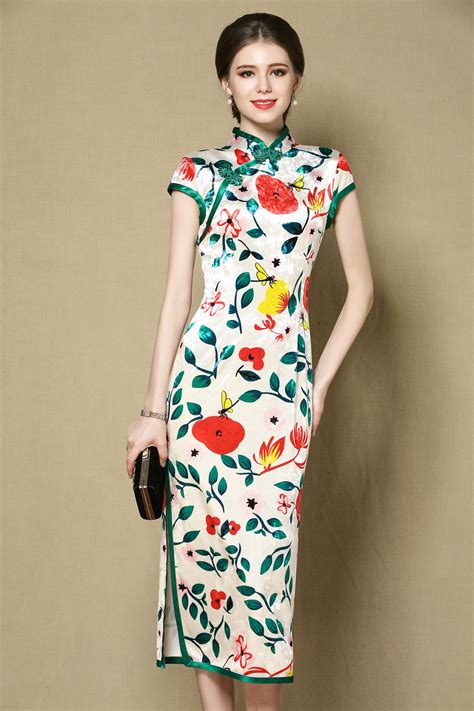 Beautiful Flower Print Velvet Qipao Cheongsam Dress Qipao Cheongsam Dresses Women