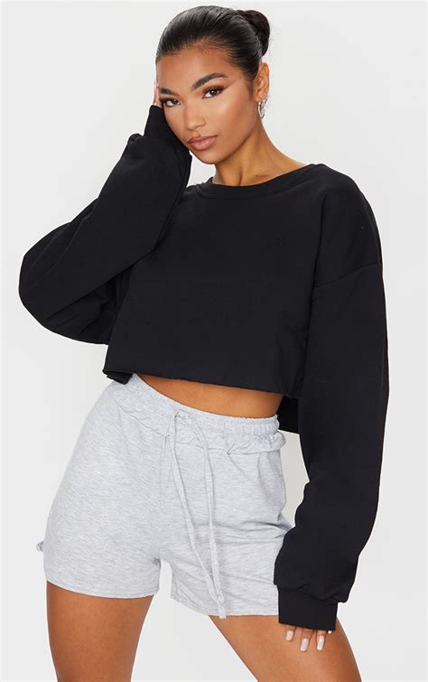 Black Ultimate Cropped Sweatshirt Tops Prettylittlething Usa