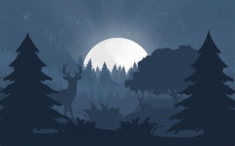 Desktop Wallpaper Forest Reindeer Tree Night Minimal Art Hd Image