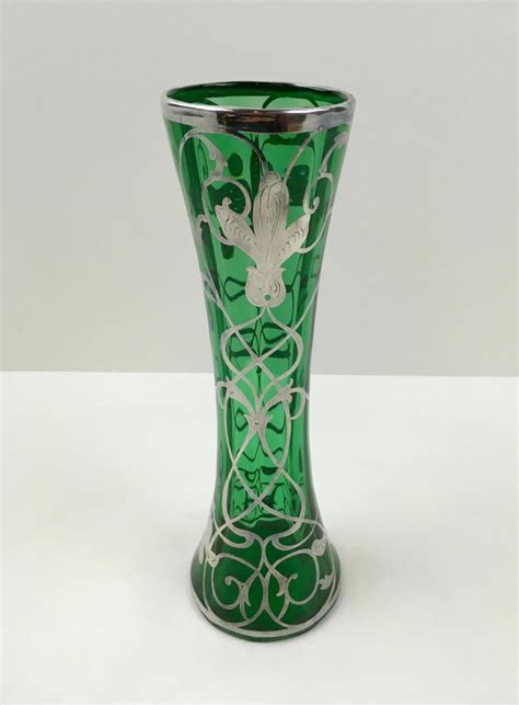 Sold At Auction Vintage Silver Overlay Green Glass Vase