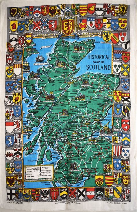 Scottish Clans Tea Towel Vintage Historical Map Of Scotland Crests By