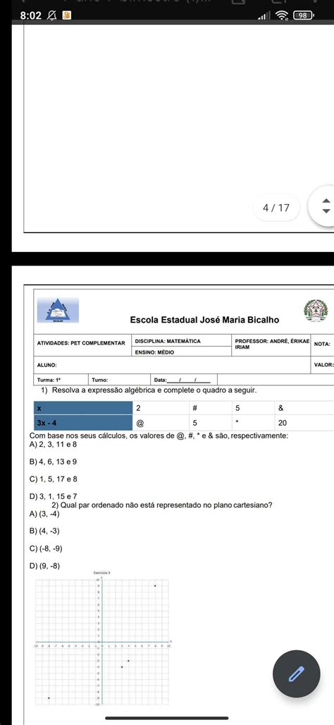 Resolva A Expressão Algébrica E Complete O Quadro A Seguir