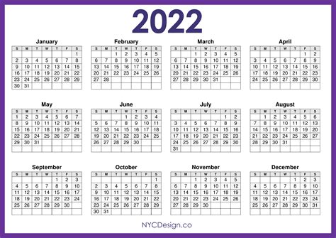 2022 Calendar Printable Free Horizontal Purple Hd Sunday Start