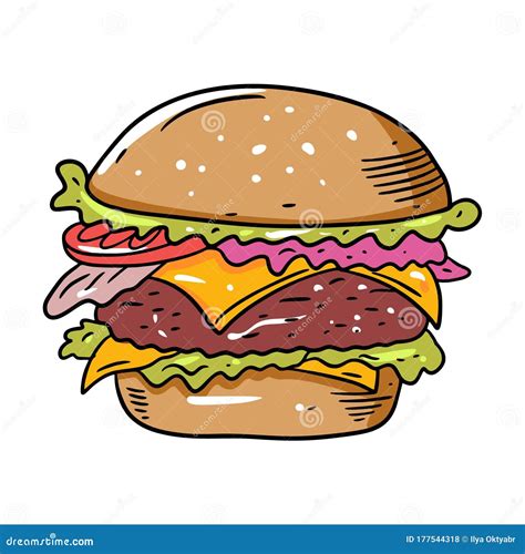 Cheeseburger With Bacon Hand Drawn Colorful Vector Illustration In