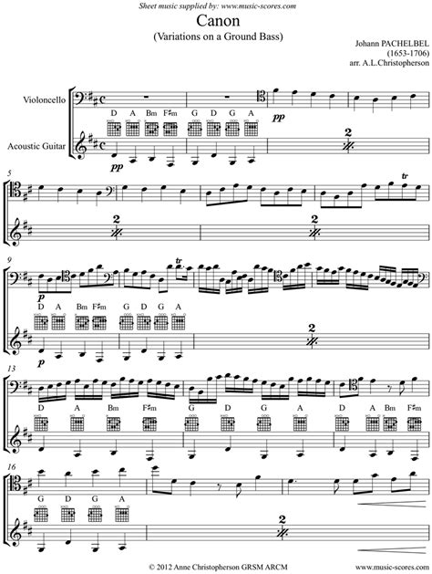 Sheet Music For Canon Cello Guitar By Johann Pachelbel