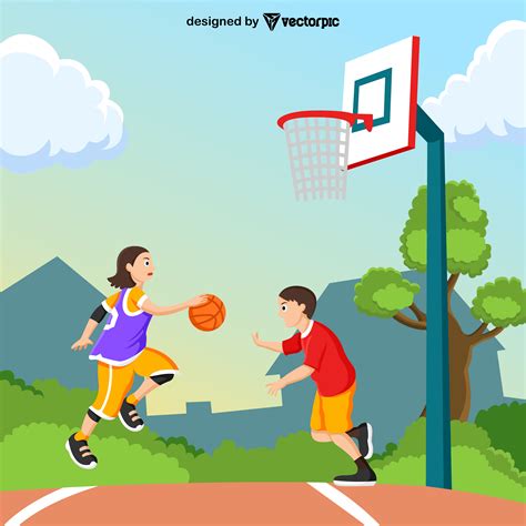 Kids Playing Basketball In A Playground Cartoon Vector Image
