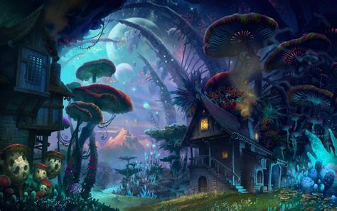 Giant Mushrooms Around The Houses Nature Art Drawings Art Wallpaper