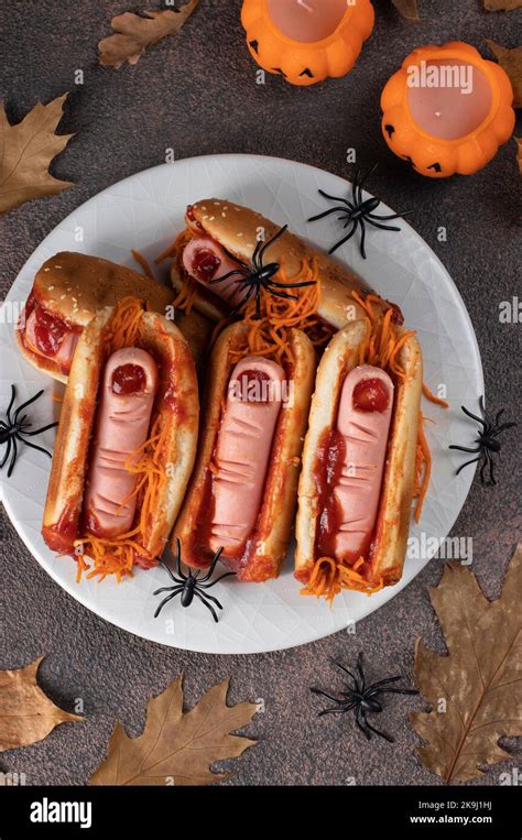 Themed Food For Halloween Party Hot Dog With Bloody Sausage Fingers In