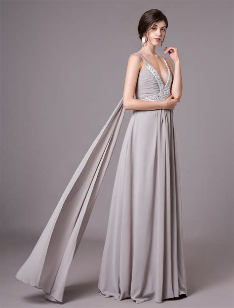 Silver Pleated V Neck Beaded Applique Chiffon Maxi Evening Dress