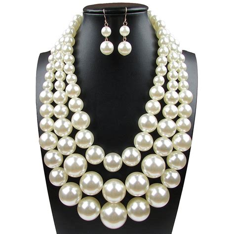 Faux Big White Pearl 3 Layer Chunky Necklace And Earrings Bib Costume Jewelry Set Costume