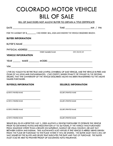 Colorado Motor Vehicle Bill Of Sale Template