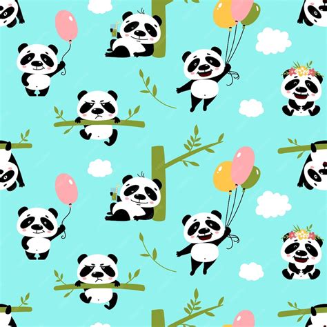 Premium Vector Cute Panda Seamless Pattern Kawaii Pandas Background