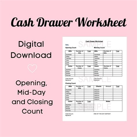 Cash Drawer Worksheet/drawer Count for Business - Etsy