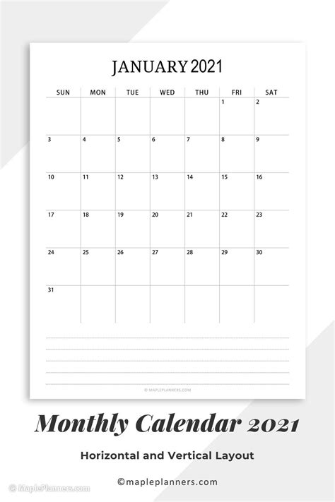Yearly, monthly, landscape, portrait, two months on a page, and more. Free Printable 2021 Monthly Calendar PDF Template