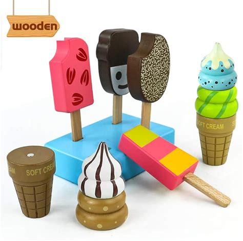 Jerryvon Wooden Ice Cream Set Play Food Sets For Children Role Play