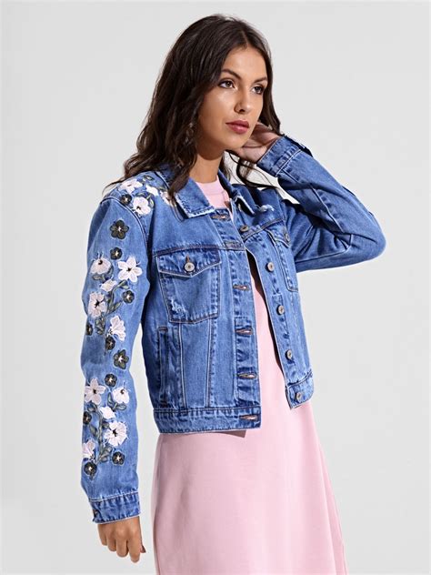 Womens Size 14 12 10 8 6 Embroidered Denim Jacket Floral Jean Jackets