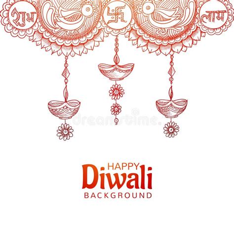 Happy Diwali Decorative Hanging Diya Sketch Design Stock Illustration