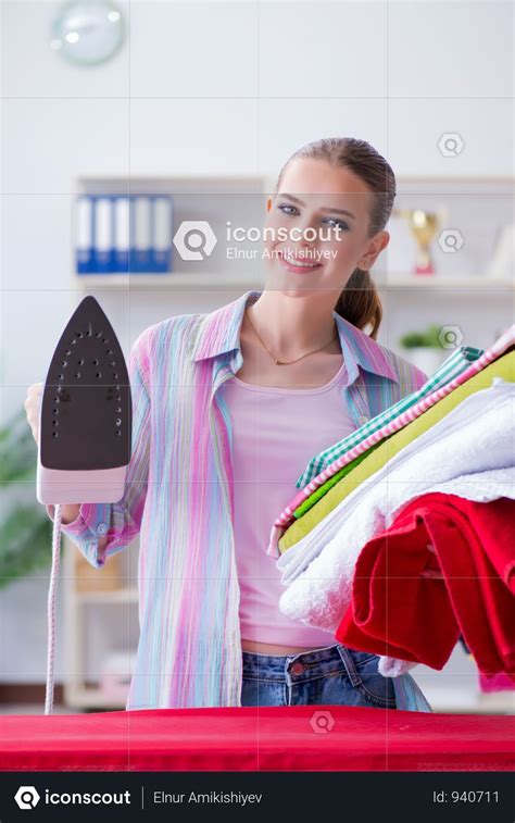 Happy Housewife Doing Ironing At Home Photo Happy Housewife Home