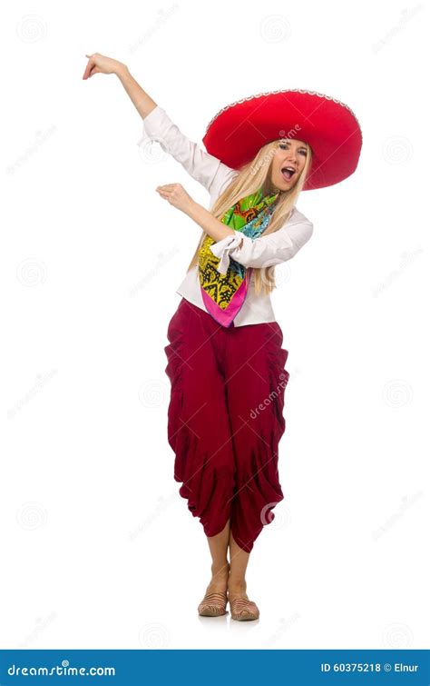 Mexican Girl With Sombrero Dancing On White Stock Photo Image Of