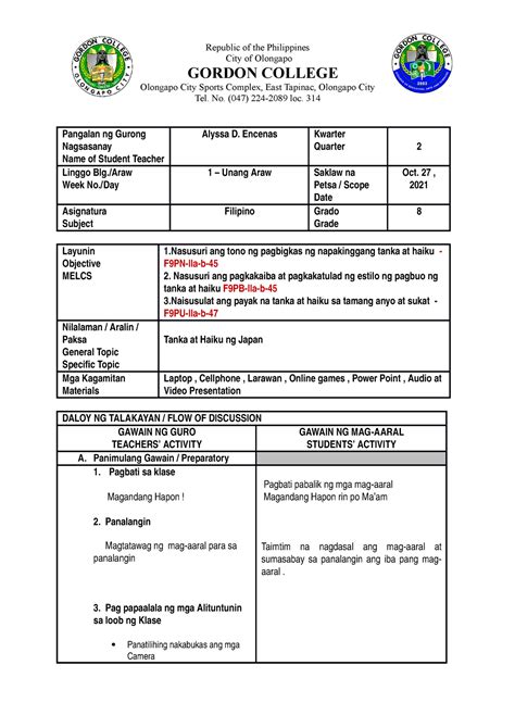 Deped Filipino Detailed Lesson Plan Grade Sy Winder