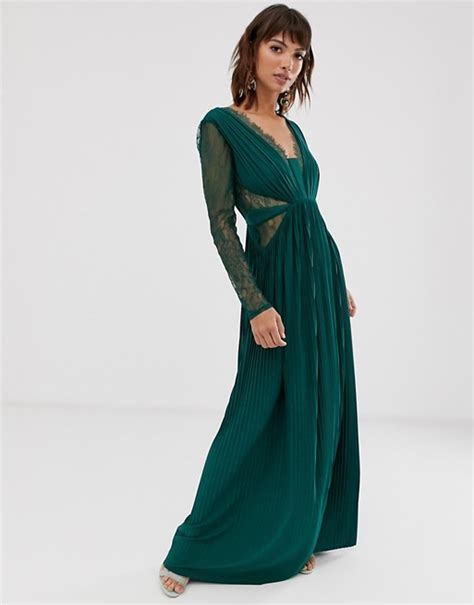 Asos Design Lace And Pleat Long Sleeve Maxi Dress Asos Maxi Dress