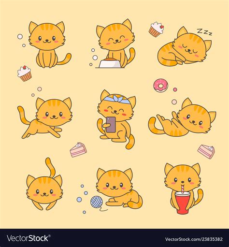 Cute Kitten Kawaii Character Sticker Set Cat Vector Image