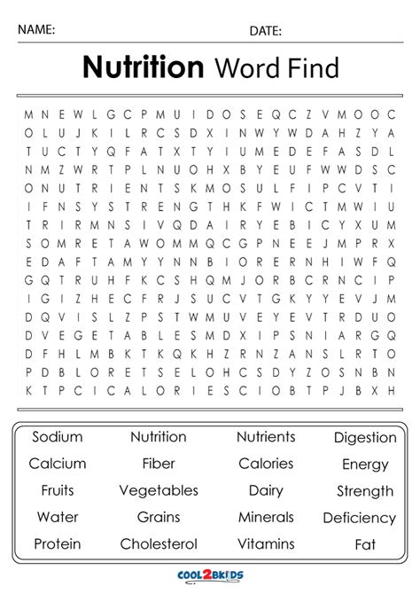 Printable Nutrition Word Search Cool2bkids