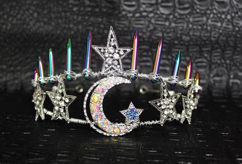 star crown moon crown celestial crown crescent moon bridal luna crown silver star halo rainbow