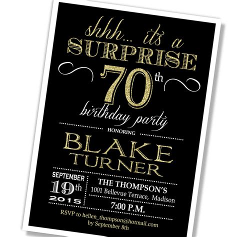 Surprise 70th Birthday Invitation Any Age Black Gold Invite Etsy
