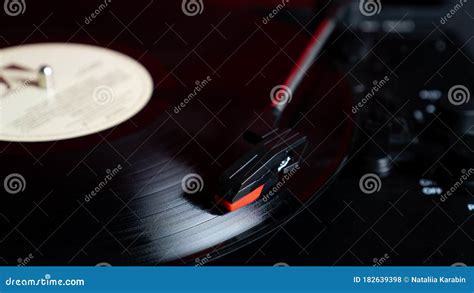 Top View Vinyl Needle Stylus On Rotating Black Vinyl Plate With Hard