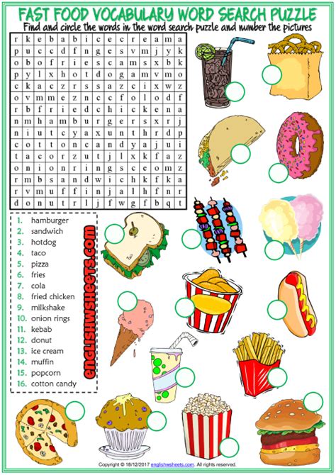 Fast Food Esl Word Search Puzzle Worksheet For Kids