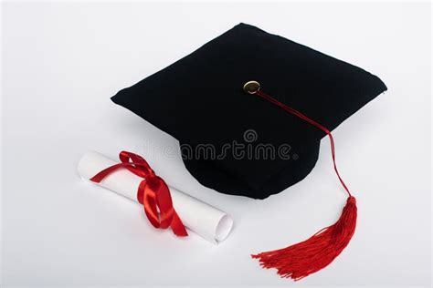 Black Graduation Cap With Red Tassel Stock Photo Image Of Education