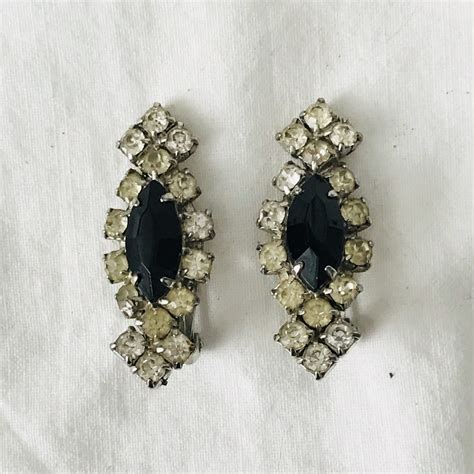 Vintage Clip Earrings Black Rhinestones Plated Backs 1940s Collectible